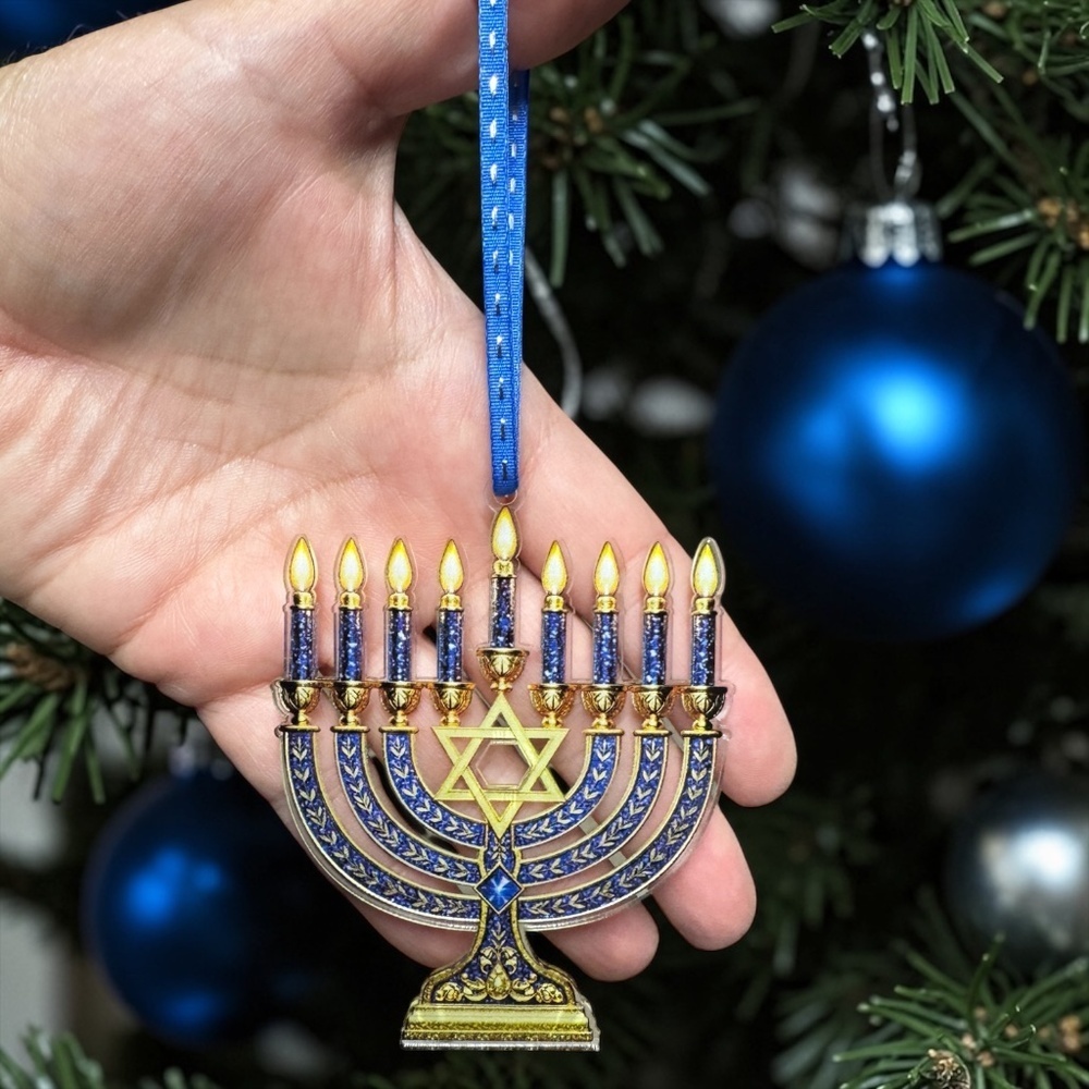 Menorah Ornament Hanukkah Tree Decor Blue Gold Jewish Holiday Gift - Picture 8 of 9